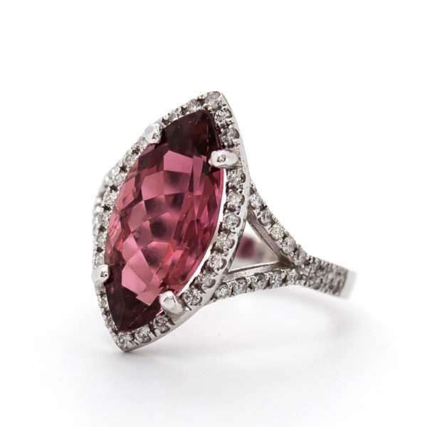 Deep Pink Marquise Tourmaline Ring with Diamonds - Christine K Jewelry